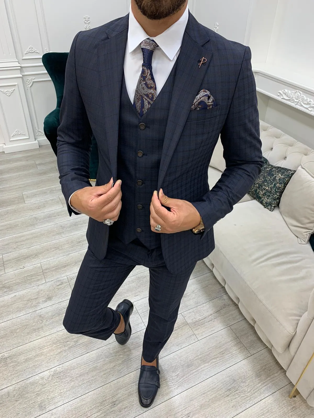 Dayton Navy Blue Slim Fit Notch Lapel Plaid Suit - Three-Piece Elegance