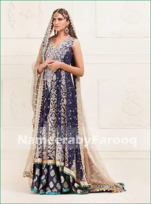 Deep Blue Lahanga With Silver Dabka Nugh & Pearl Work