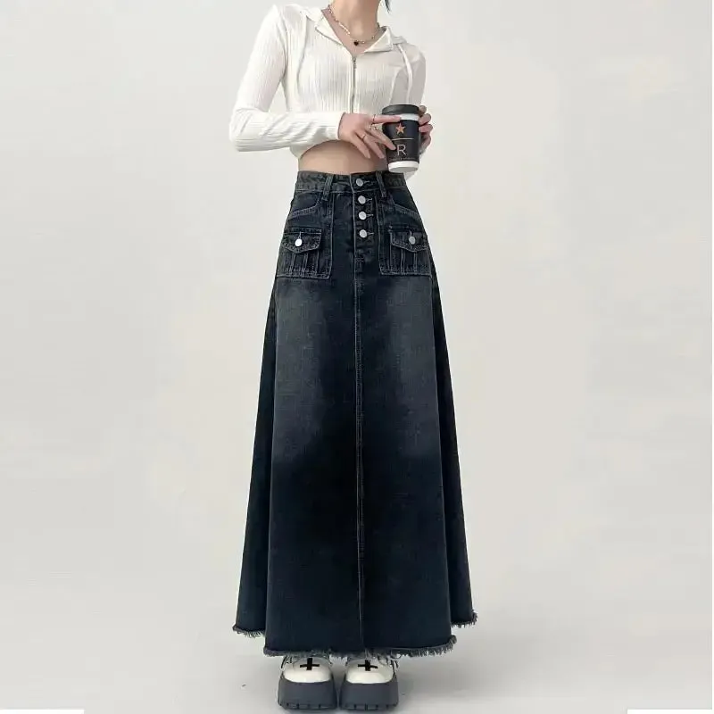 Denim Cargo Maxi Skirt
