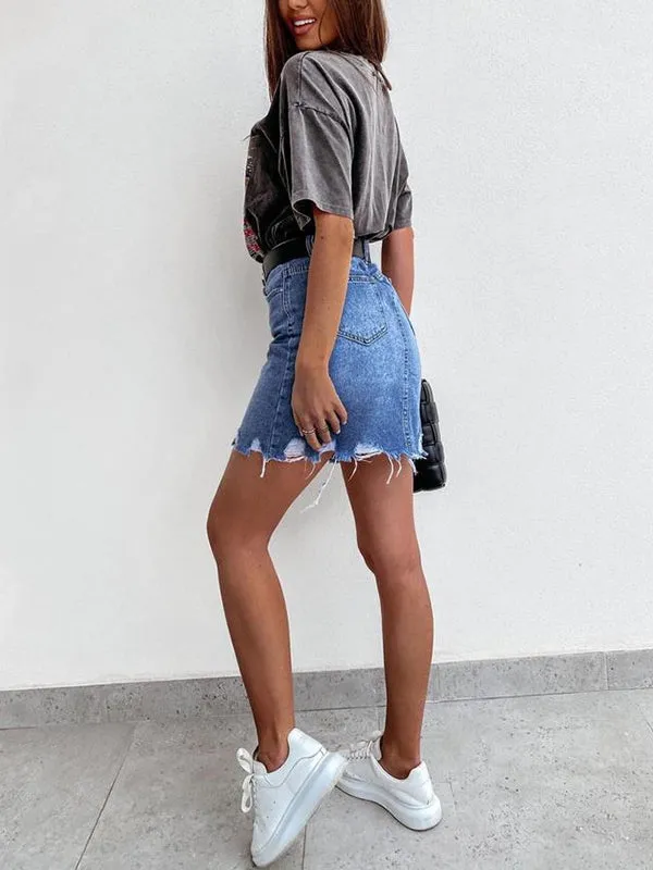 Denim Fringed Short Skirts Bottoms