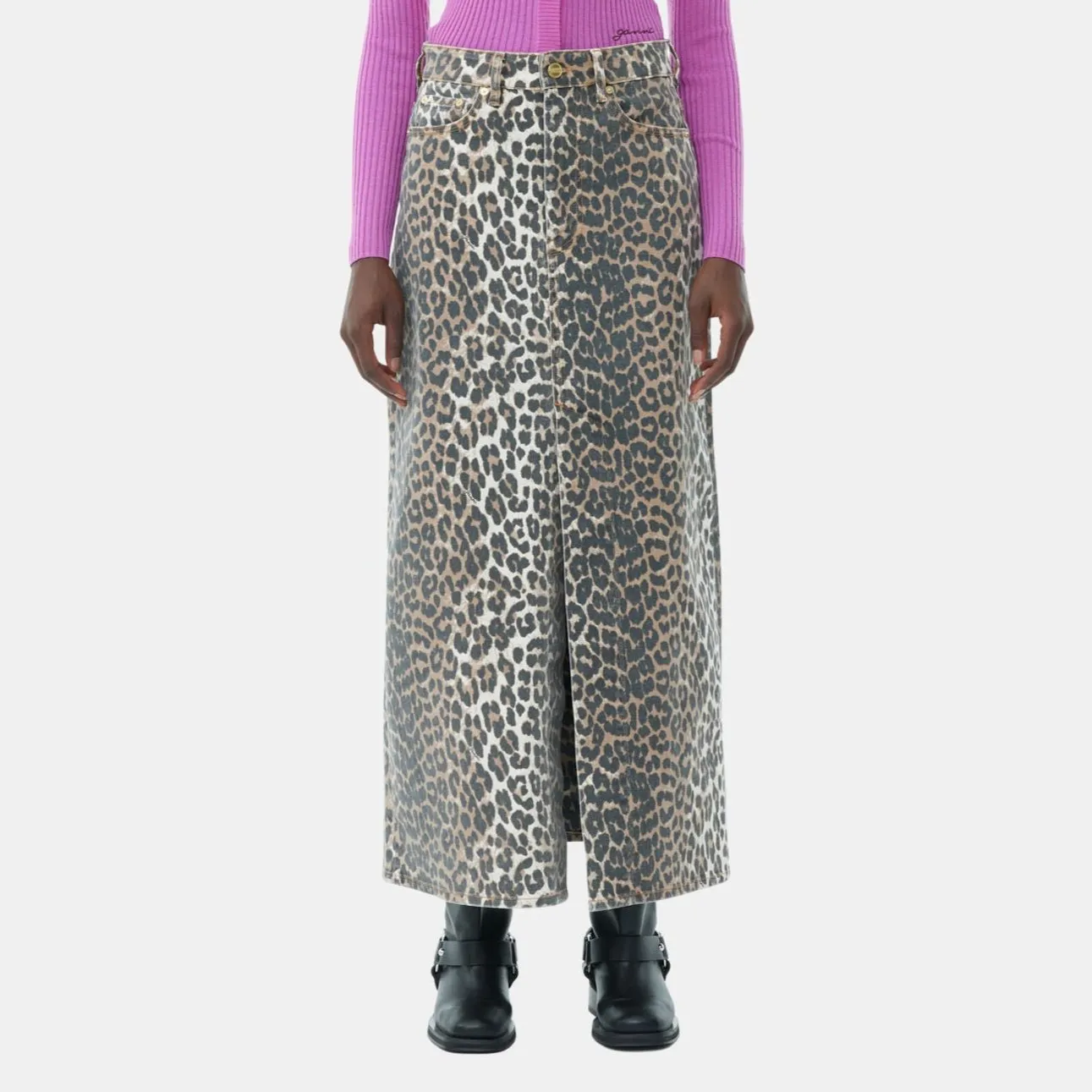 DENIM MAXI SPLIT SKIRT | LEOPARD
