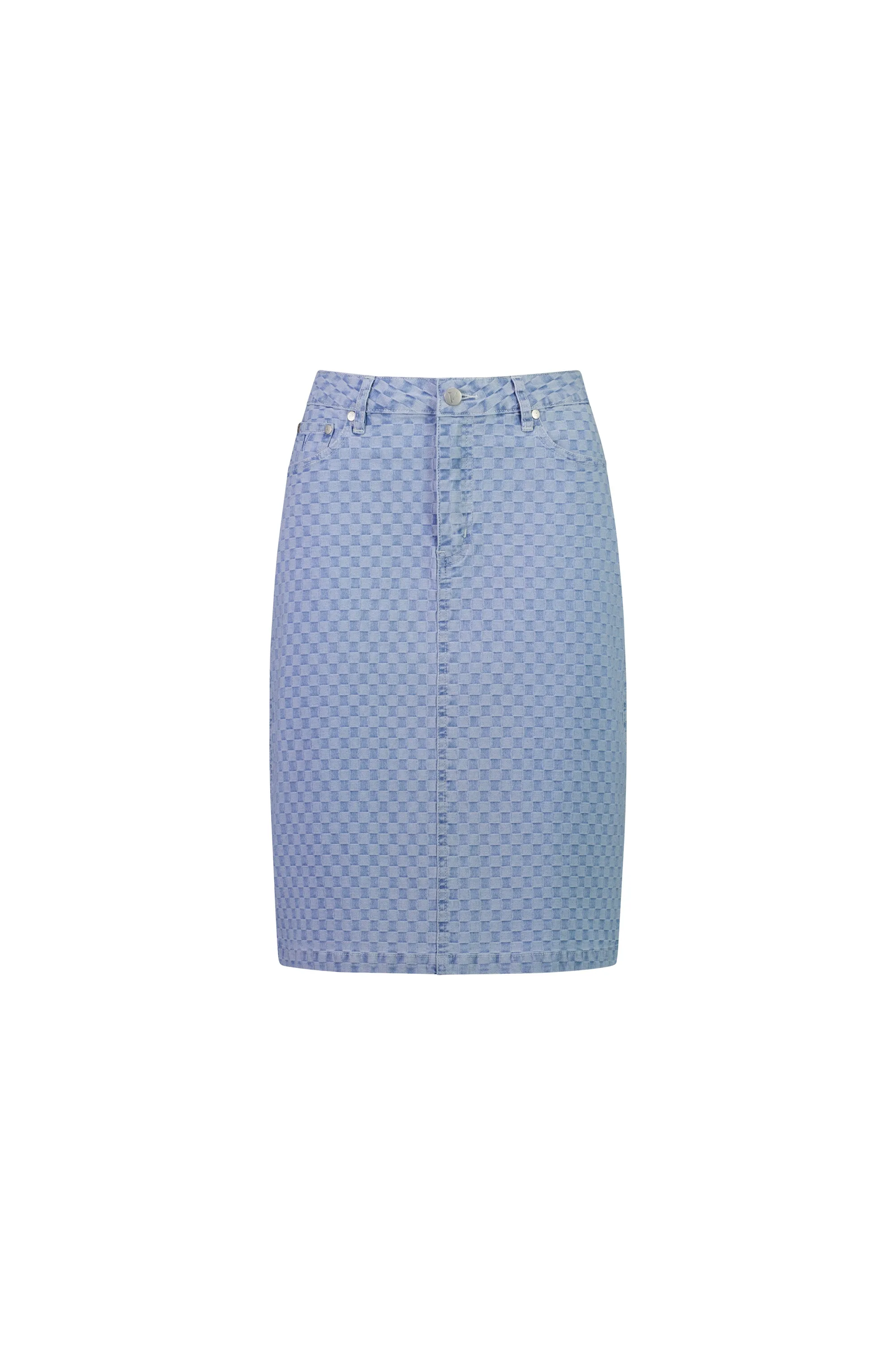 Denim Skirt with Back Vent - Denim Check