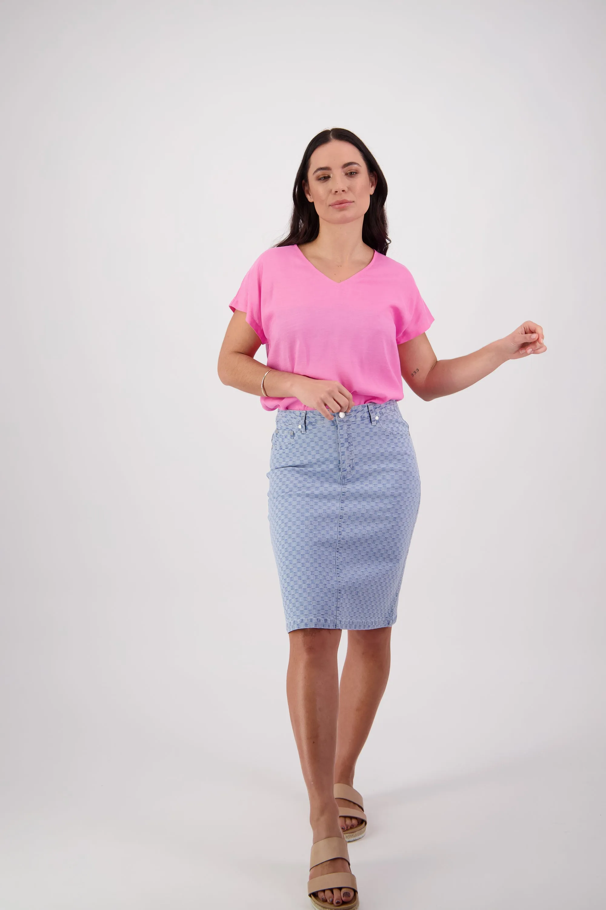 Denim Skirt with Back Vent - Denim Check