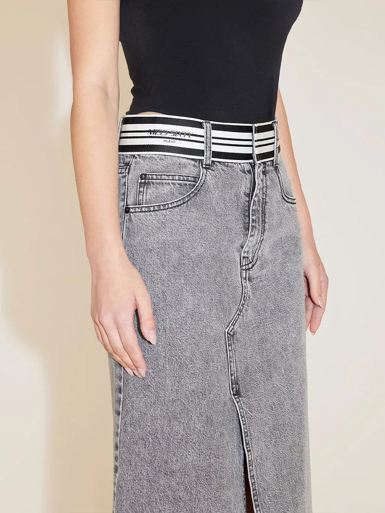 Denim Skirt With Stripe Waistline