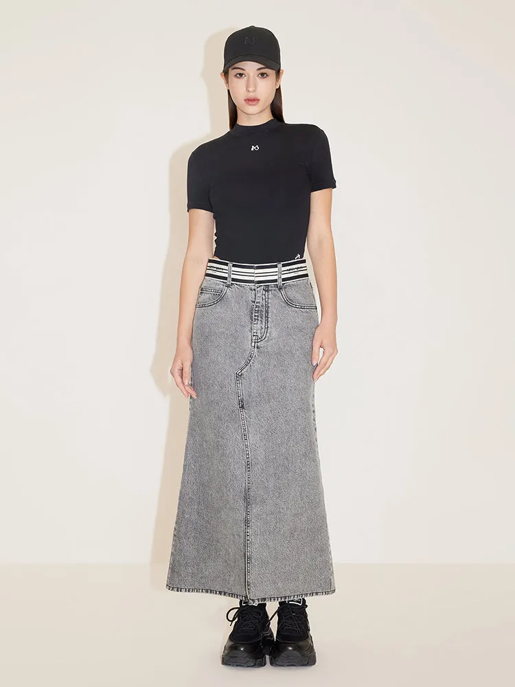 Denim Skirt With Stripe Waistline