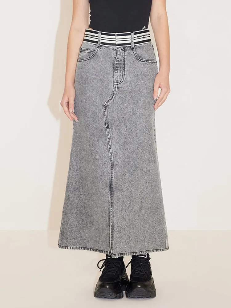 Denim Skirt With Stripe Waistline