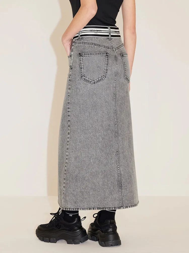 Denim Skirt With Stripe Waistline