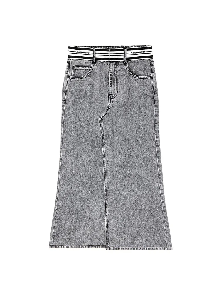 Denim Skirt With Stripe Waistline