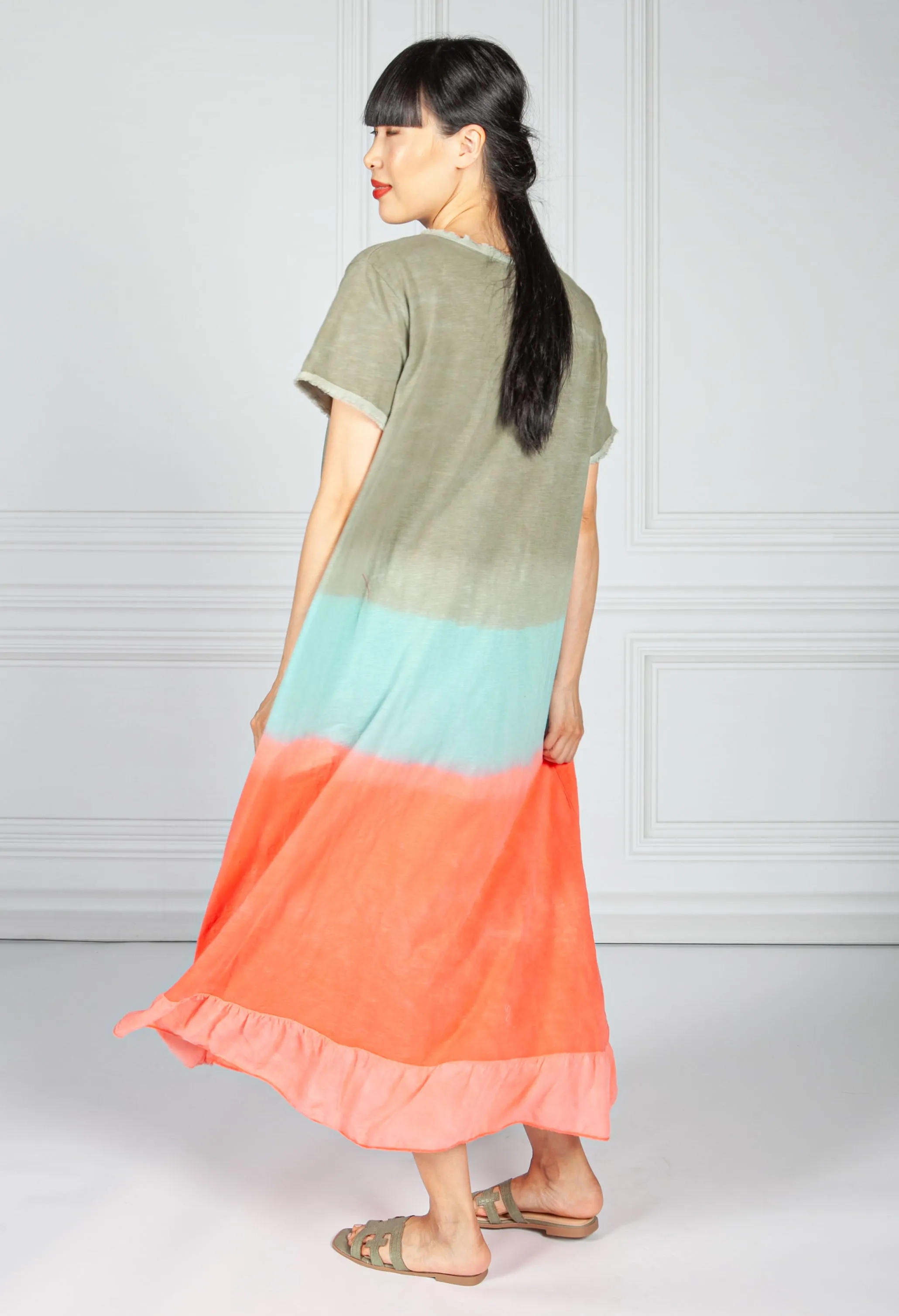 Dip Dyed Cotton Dress in Khaki & Coral