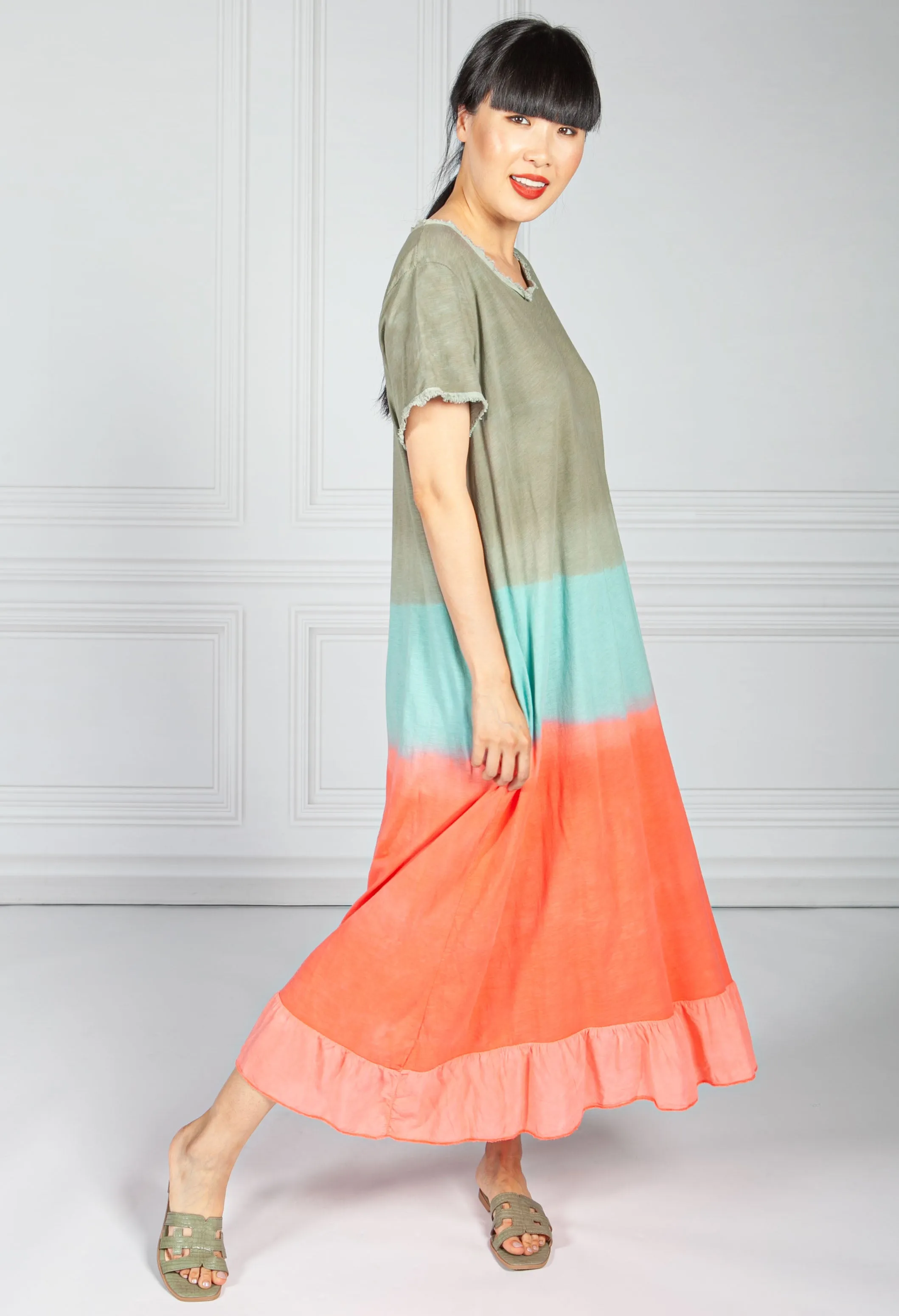 Dip Dyed Cotton Dress in Khaki & Coral