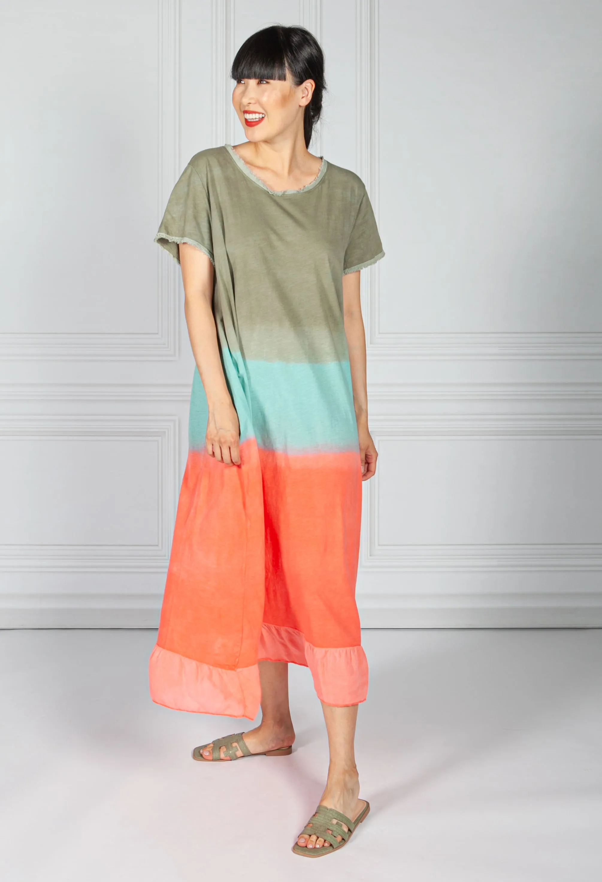 Dip Dyed Cotton Dress in Khaki & Coral