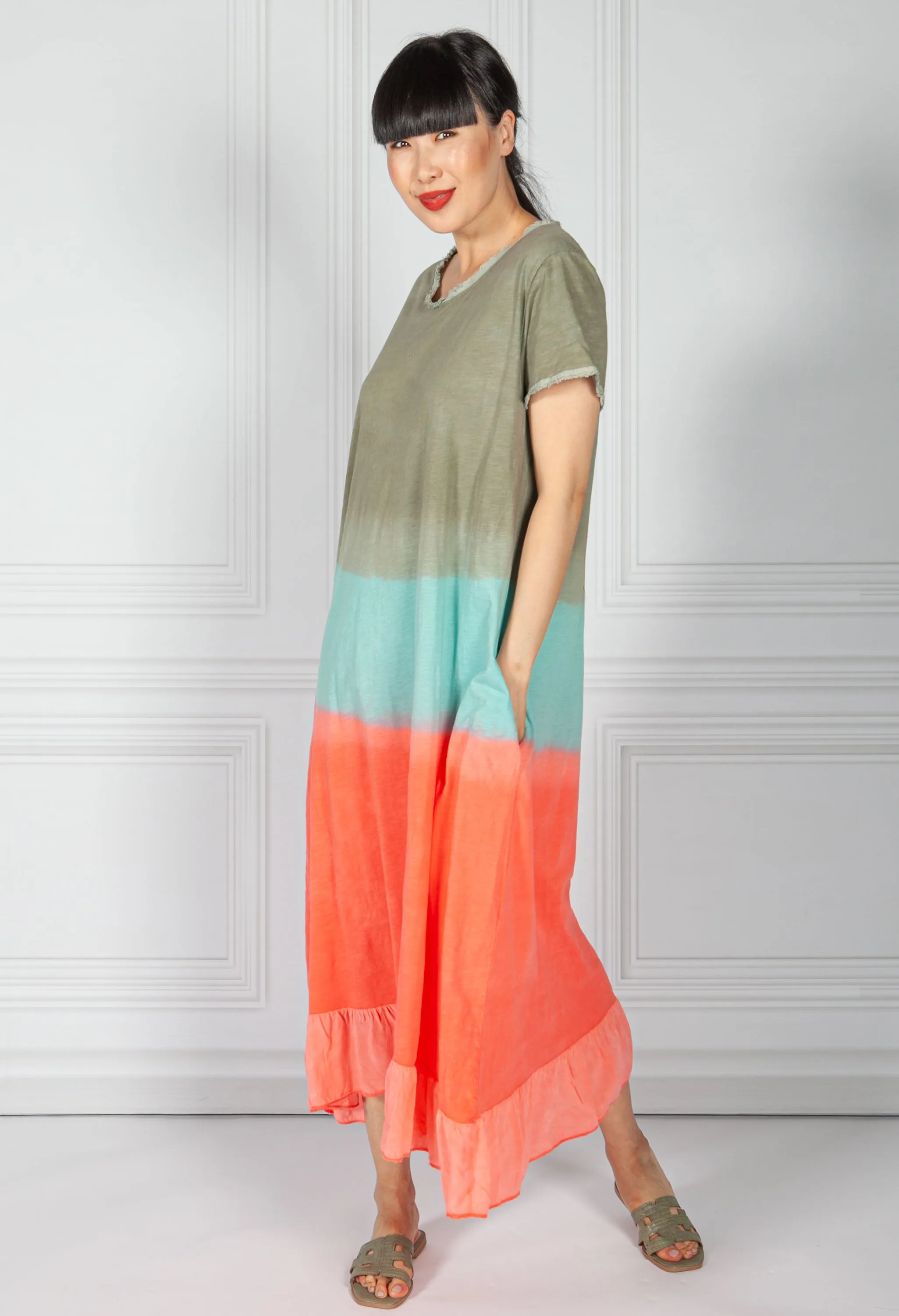 Dip Dyed Cotton Dress in Khaki & Coral