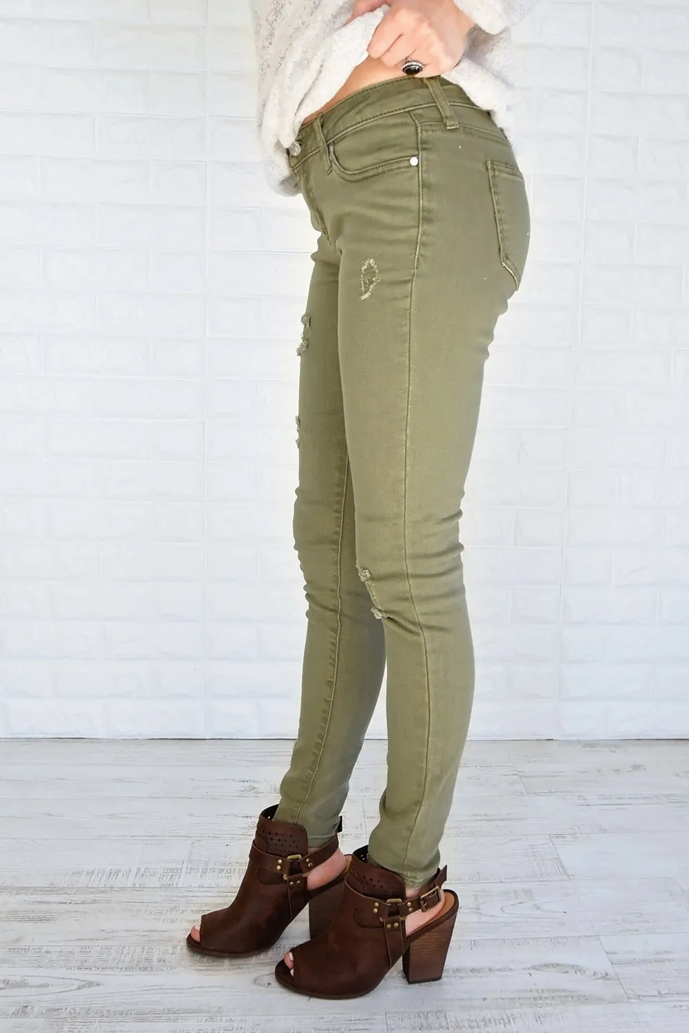 Distressed Olive Calypso Pants