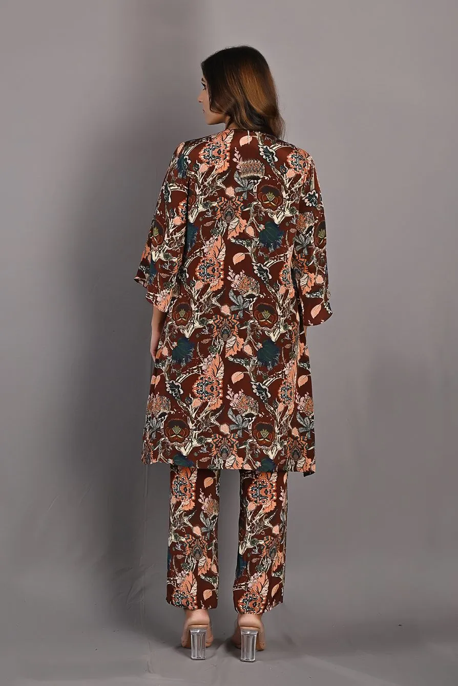 Elestren- Printed Co-ord Embroidered Top with Cape & Pants Set
