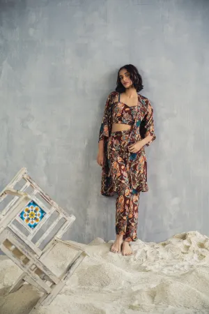 Elestren- Printed Co-ord Embroidered Top with Cape & Pants Set