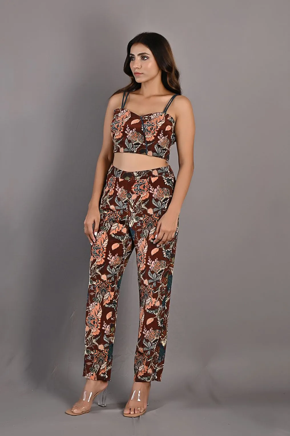 Elestren- Printed Co-ord Embroidered Top with Cape & Pants Set