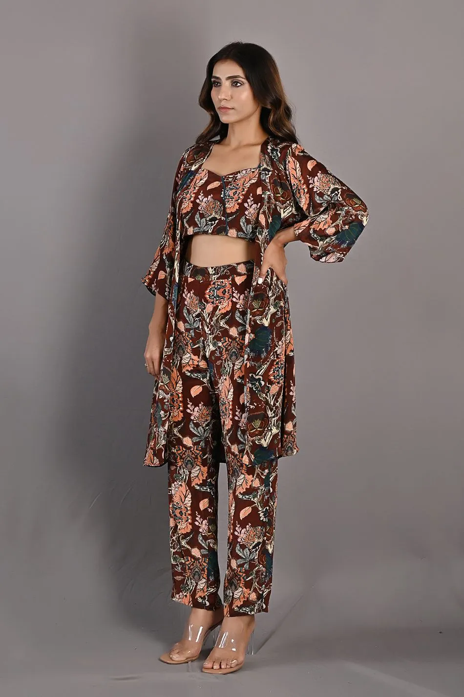 Elestren- Printed Co-ord Embroidered Top with Cape & Pants Set
