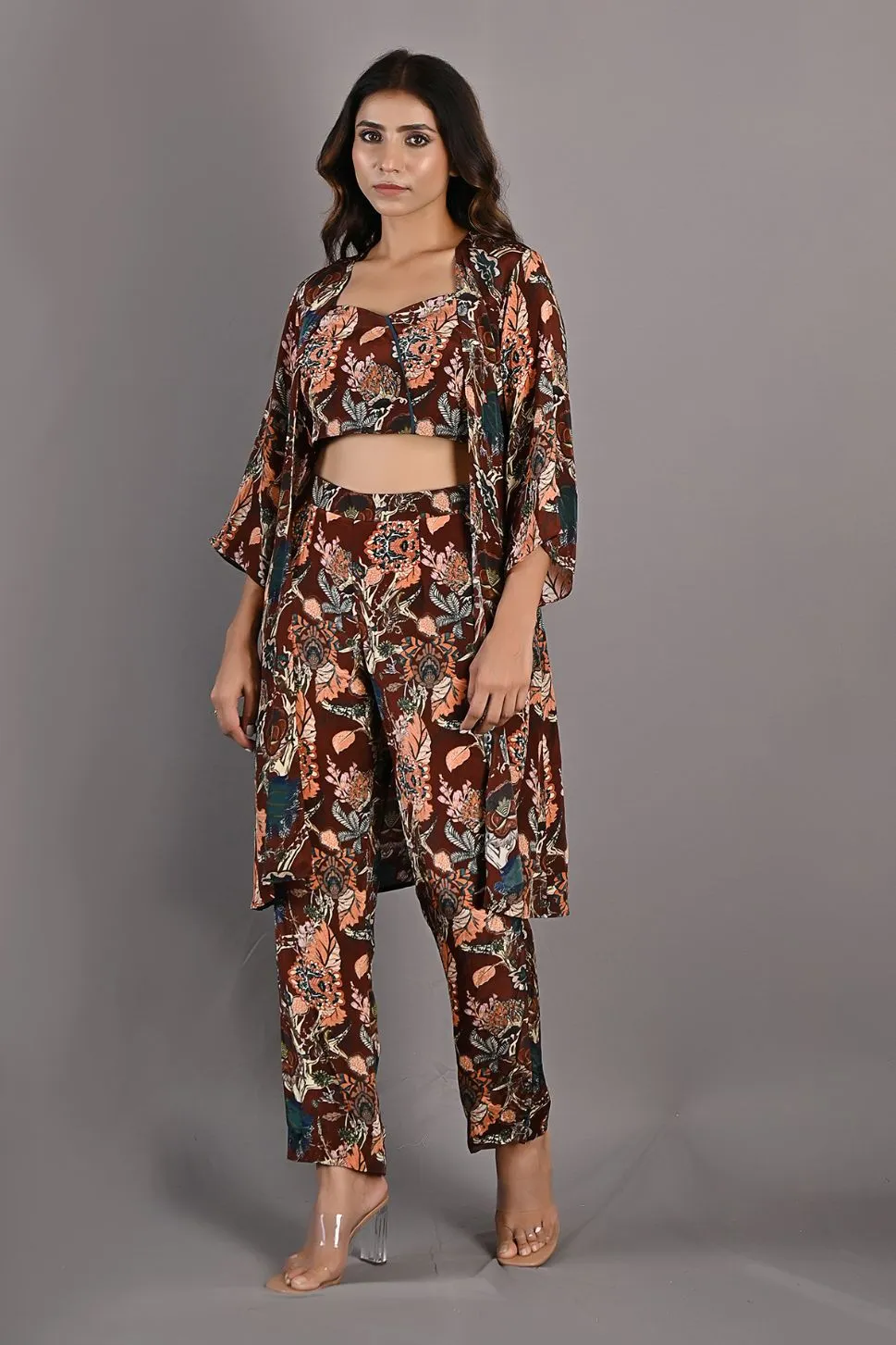 Elestren- Printed Co-ord Embroidered Top with Cape & Pants Set