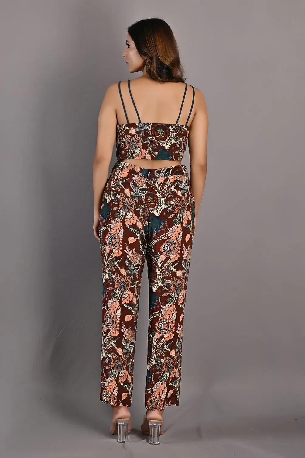 Elestren- Printed Co-ord Embroidered Top with Cape & Pants Set