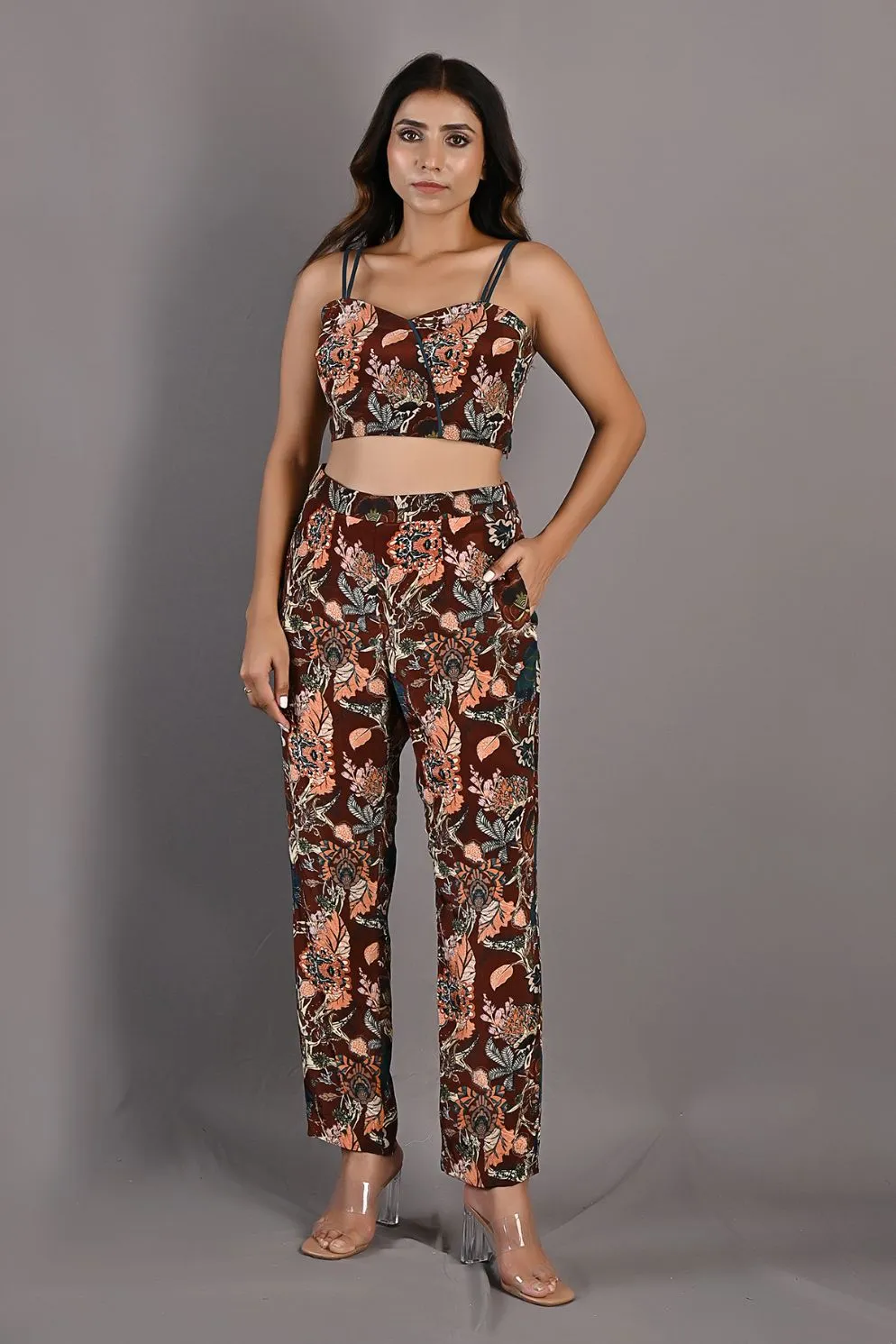 Elestren- Printed Co-ord Embroidered Top with Cape & Pants Set