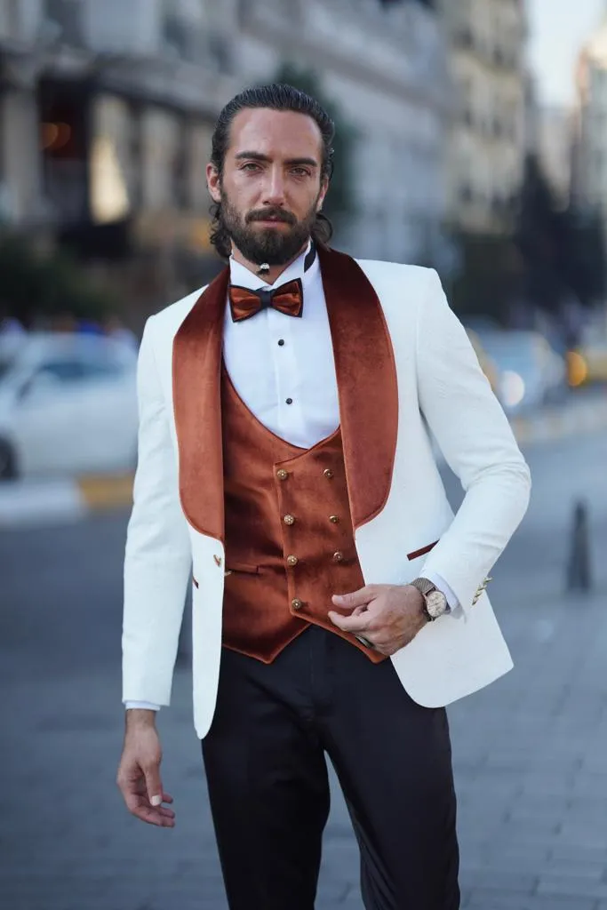 Empire Brown & White Slim Fit Velvet Shawl Lapel Wool Tuxedo