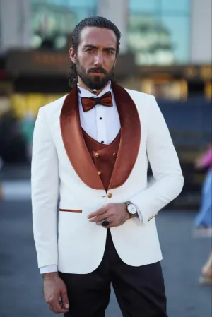Empire Brown & White Slim Fit Velvet Shawl Lapel Wool Tuxedo