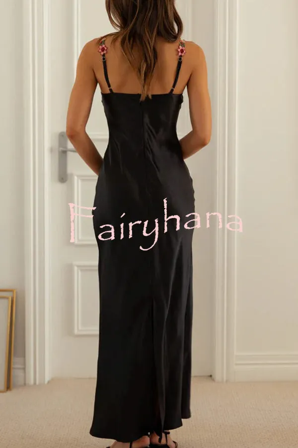 Endless Love Satin Embroidered Flower Trim Strap Maxi Dress