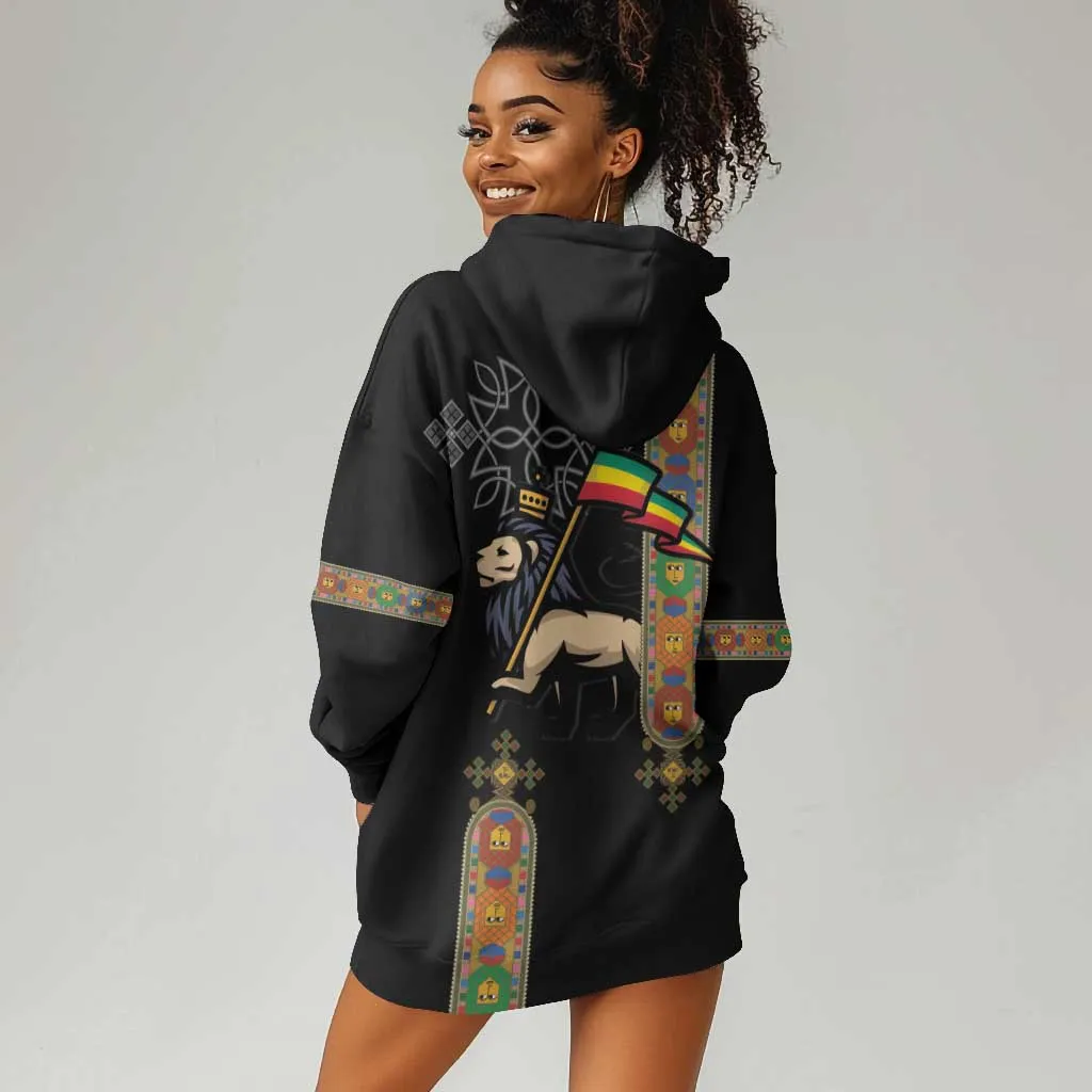 Ethiopia Saba Kemis Hoodie Dress Lion Of Judah Black Color LT15