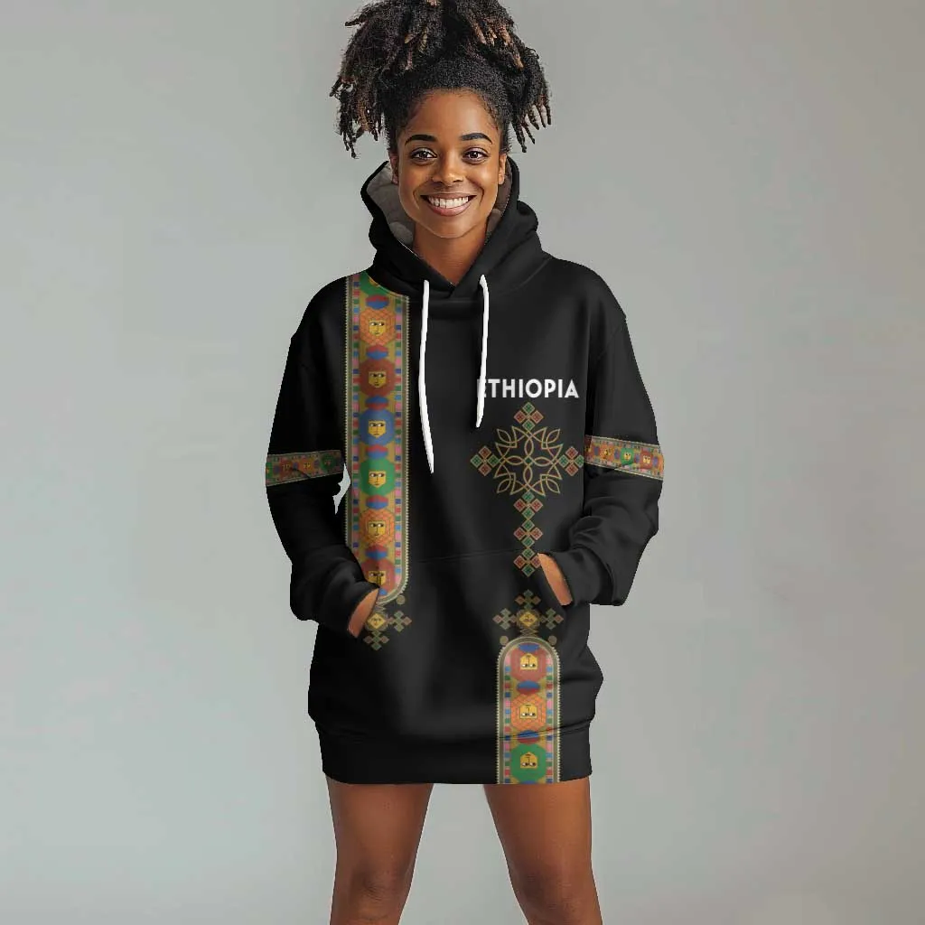Ethiopia Saba Kemis Hoodie Dress Lion Of Judah Black Color LT15