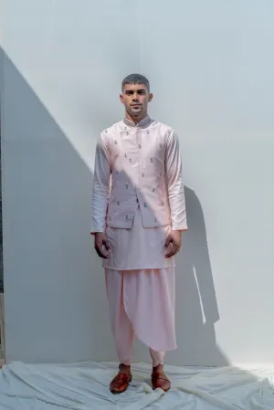 Exempler- Peach Floral Embroidered Nehru Jacket with Kurta Set