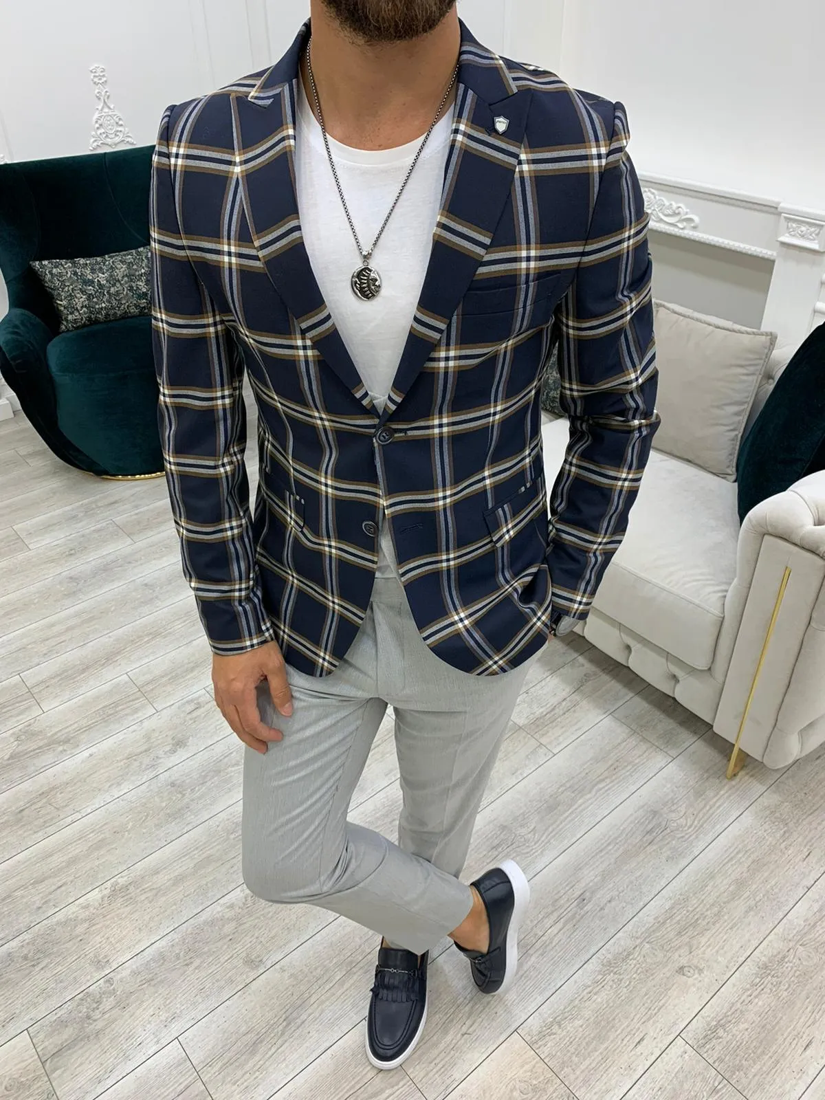 Florian Navy Blue Slim Fit Peak Lapel Plaid Suit