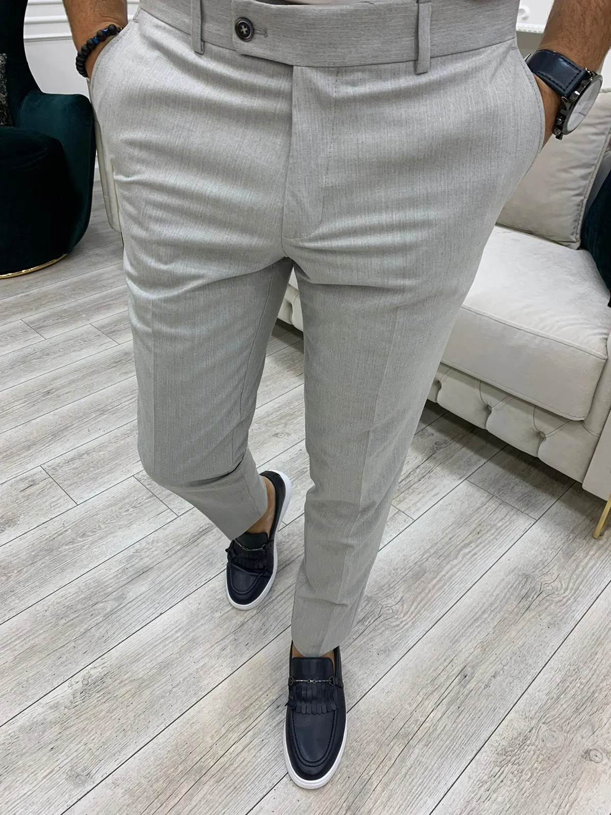 Florian Navy Blue Slim Fit Peak Lapel Plaid Suit