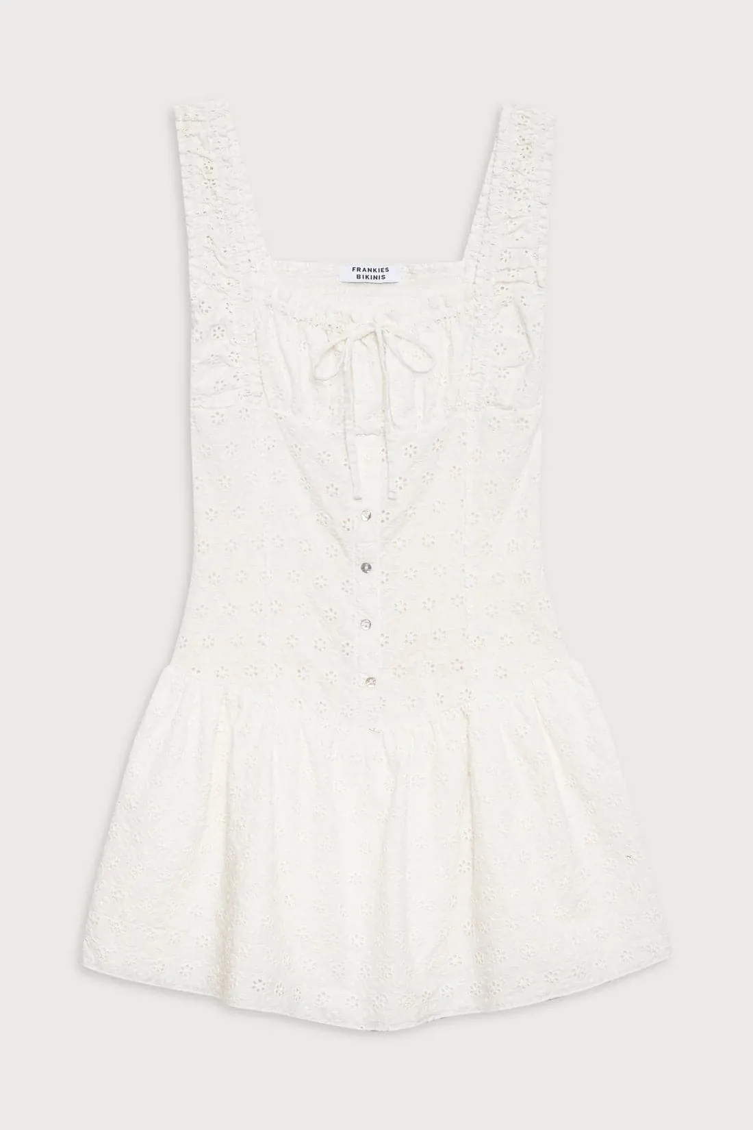 Frankies Bikinis Christa Eyelet Mini Dress as seen on Hailey Baldwin