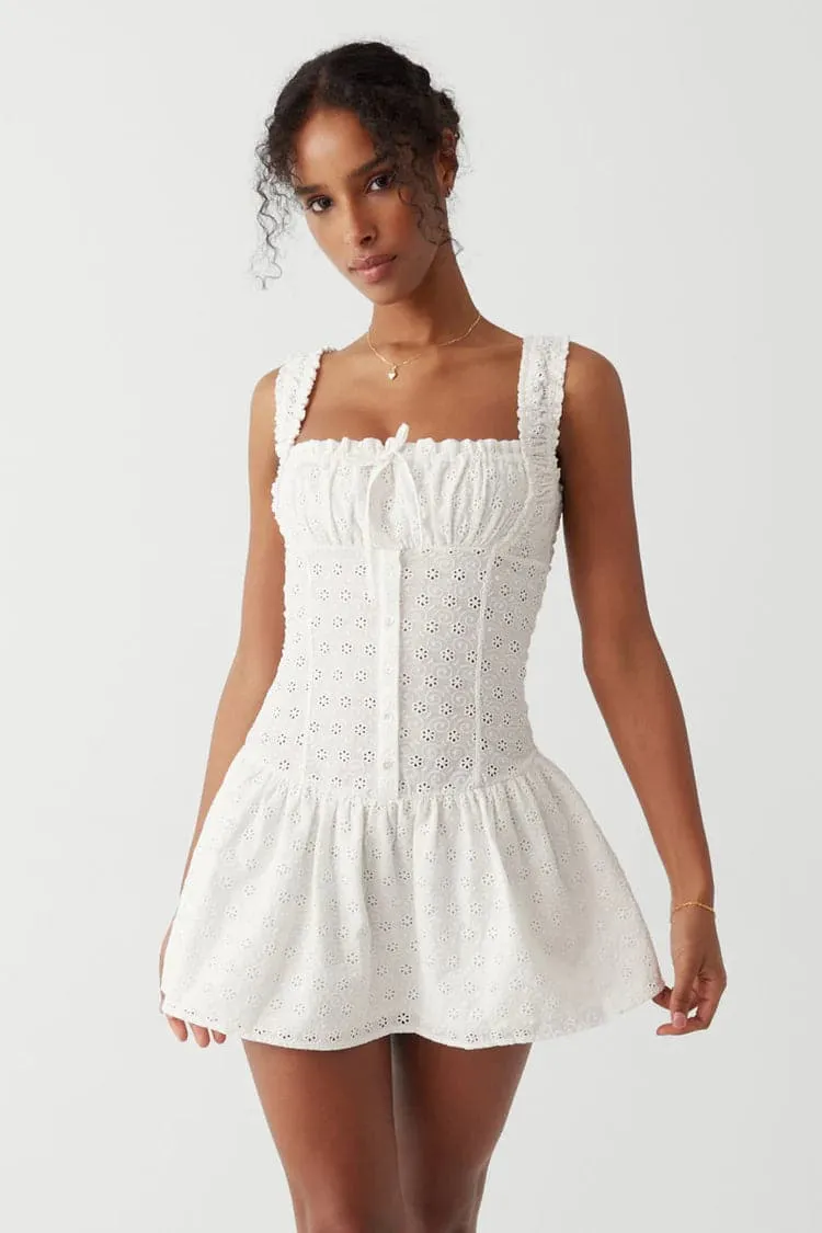 Frankies Bikinis Christa Eyelet Mini Dress as seen on Hailey Baldwin