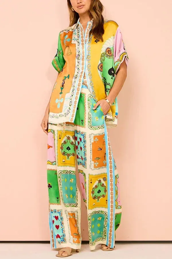 Funny Poker Summer Satin Unique Print Elastic Waist Pocketed Wide Leg Pants