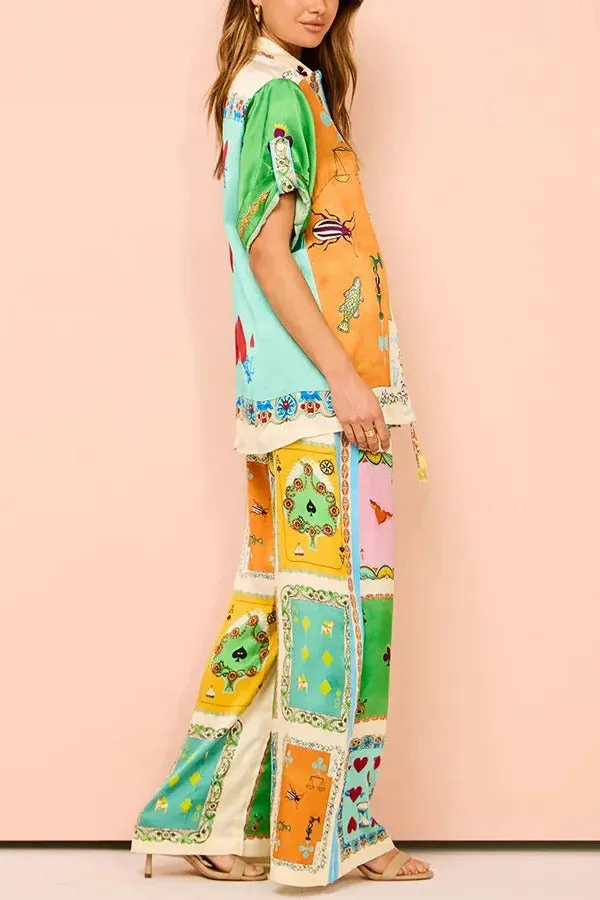 Funny Poker Summer Satin Unique Print Elastic Waist Pocketed Wide Leg Pants