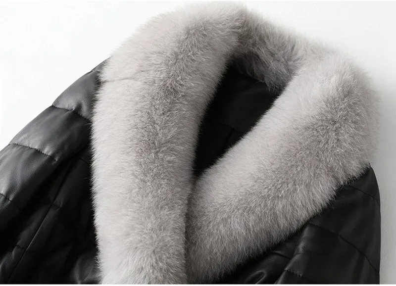 Genuine Sheepskin Leather Suede Coat Duck Down Lingning Fox Fur Collar