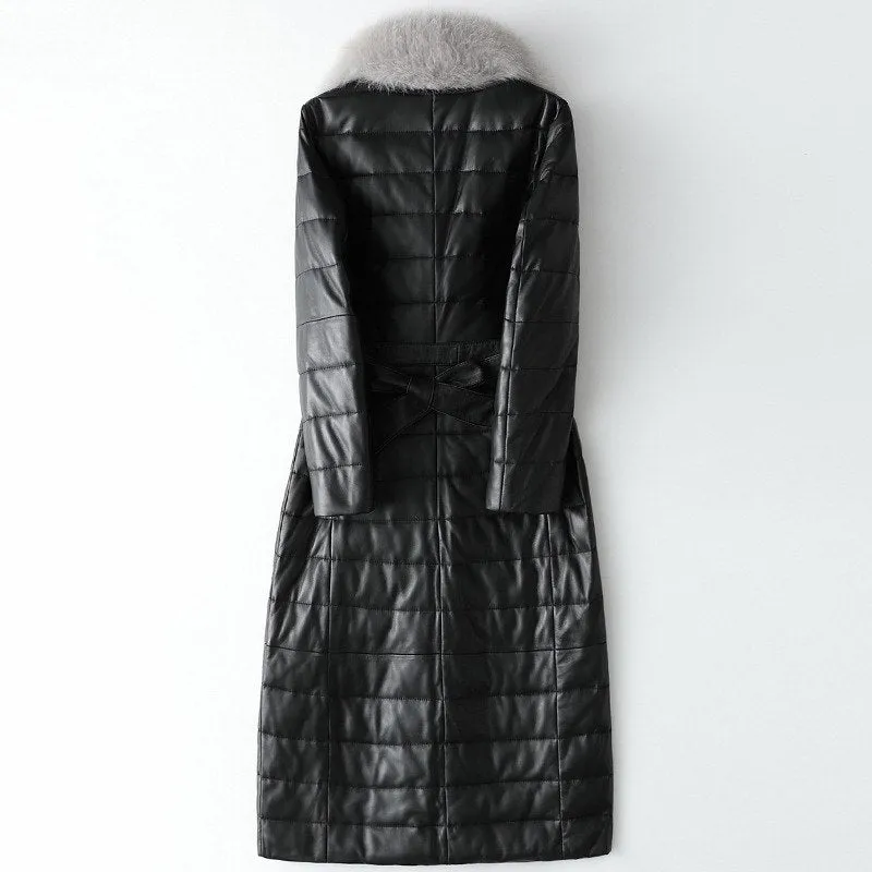 Genuine Sheepskin Leather Suede Coat Duck Down Lingning Fox Fur Collar