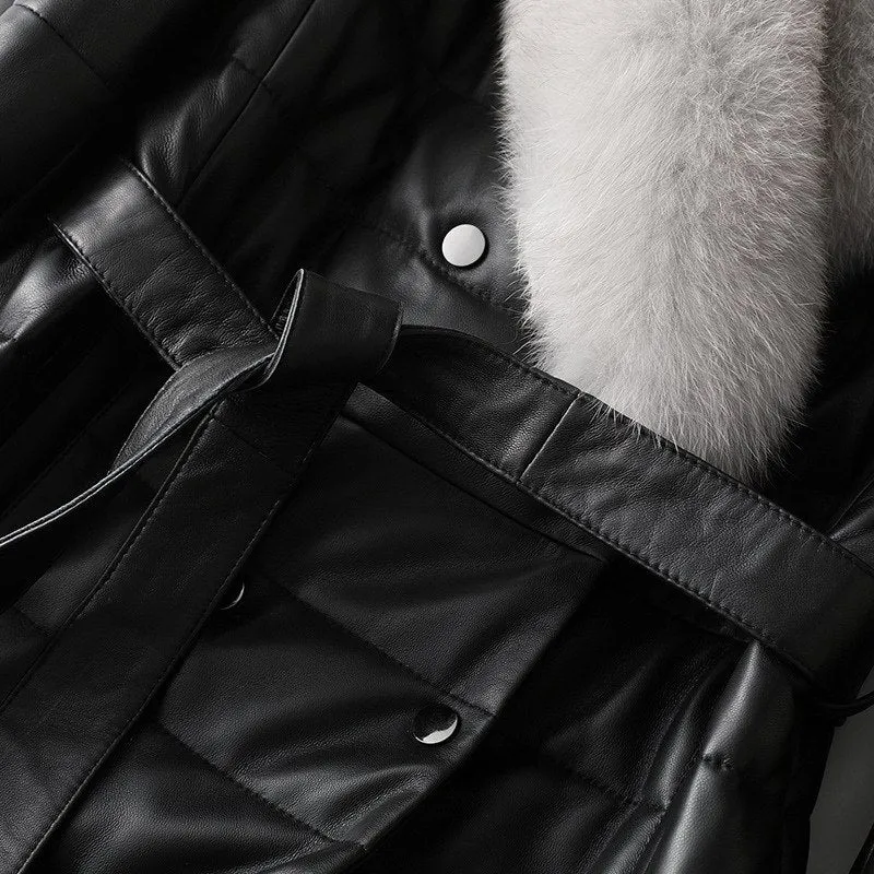 Genuine Sheepskin Leather Suede Coat Duck Down Lingning Fox Fur Collar