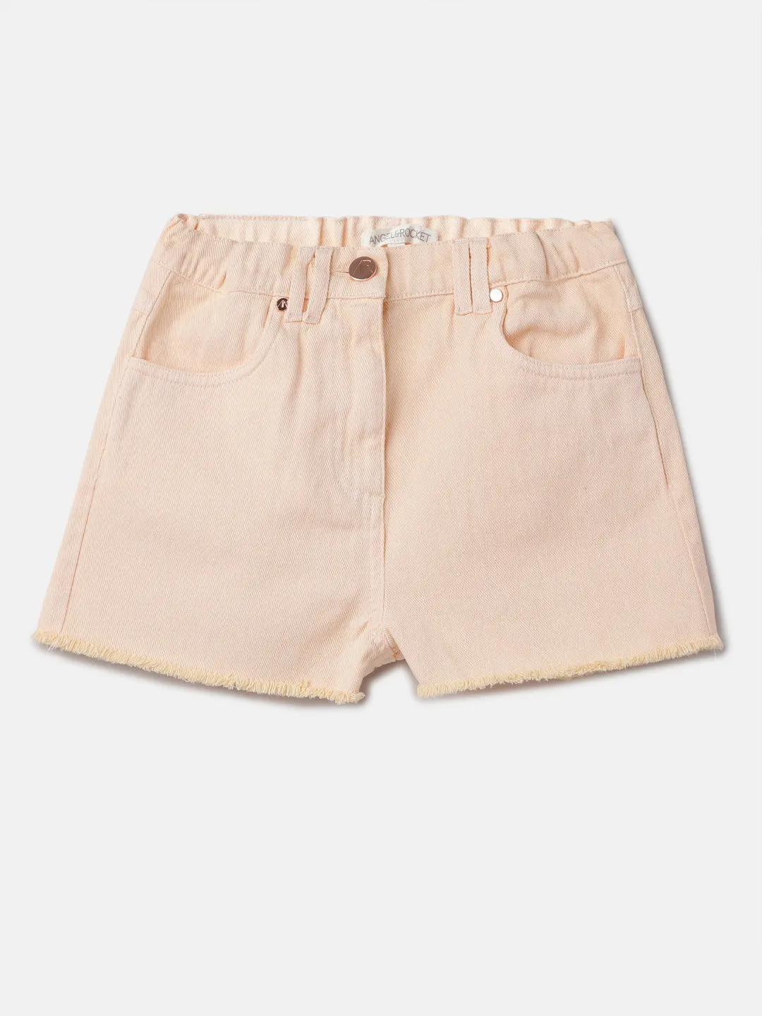 Girls Self Textured Orange Denim Shorts
