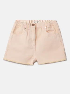 Girls Self Textured Orange Denim Shorts