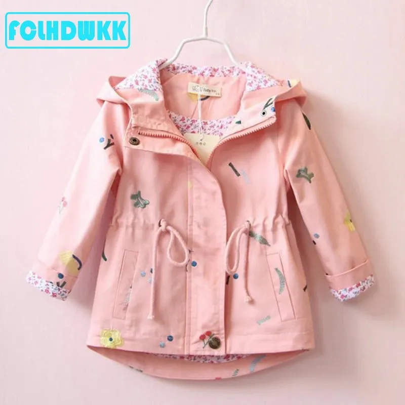 Girls Windbreaker Coat Jackets Baby Kids Flower Embroidery Hooded Outwear For Baby Kids Coats Jacket Clothing