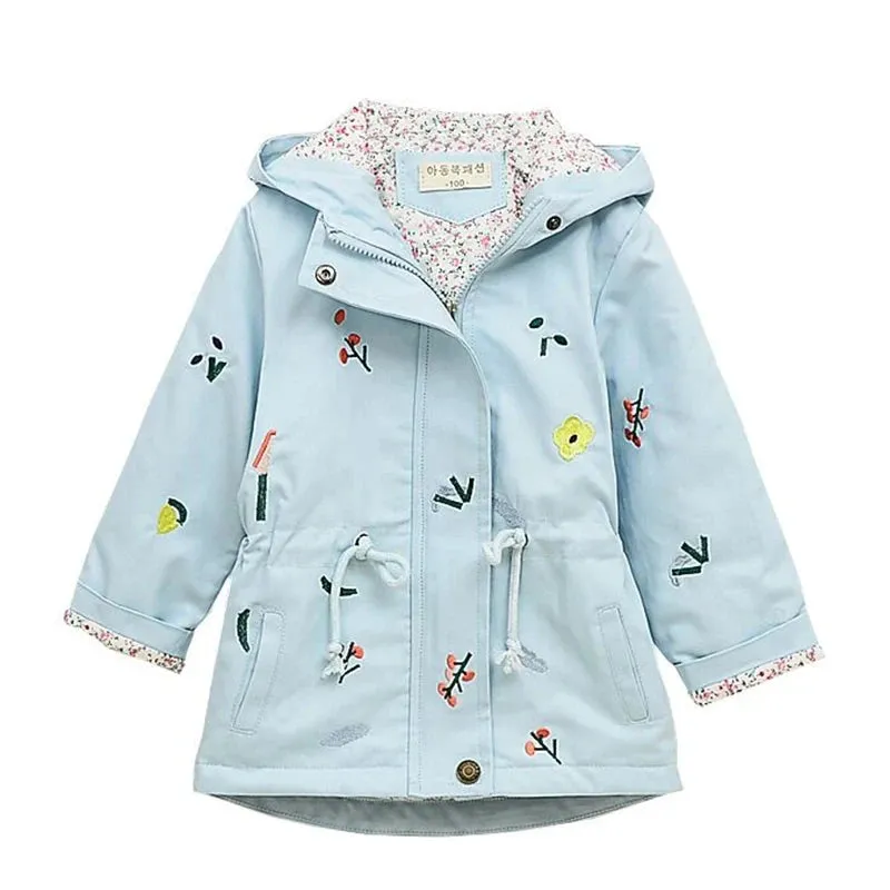 Girls Windbreaker Coat Jackets Baby Kids Flower Embroidery Hooded Outwear For Baby Kids Coats Jacket Clothing
