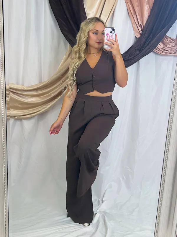 Going Out In Style Two Piece Vest and Pants Set, Brown