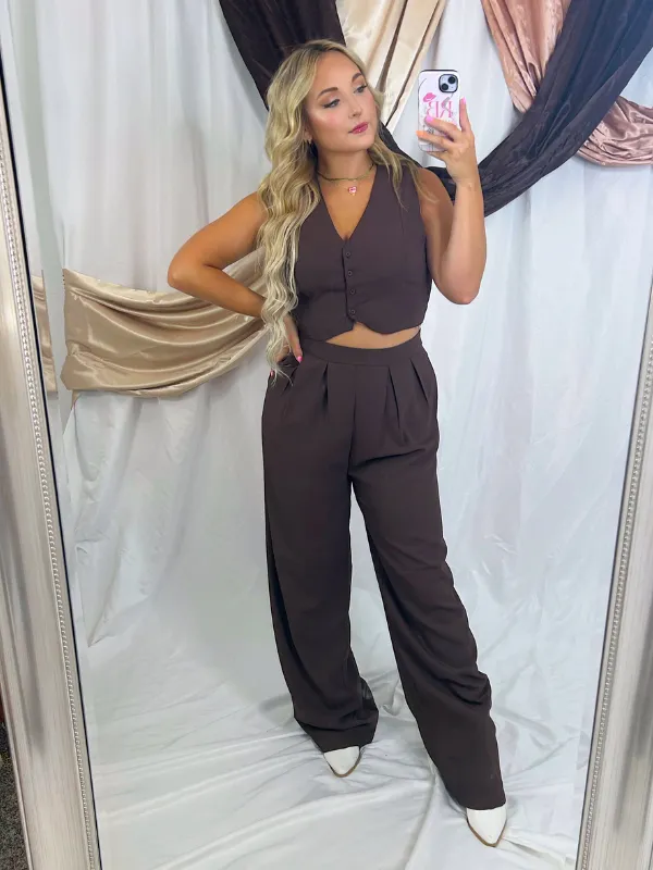 Going Out In Style Two Piece Vest and Pants Set, Brown