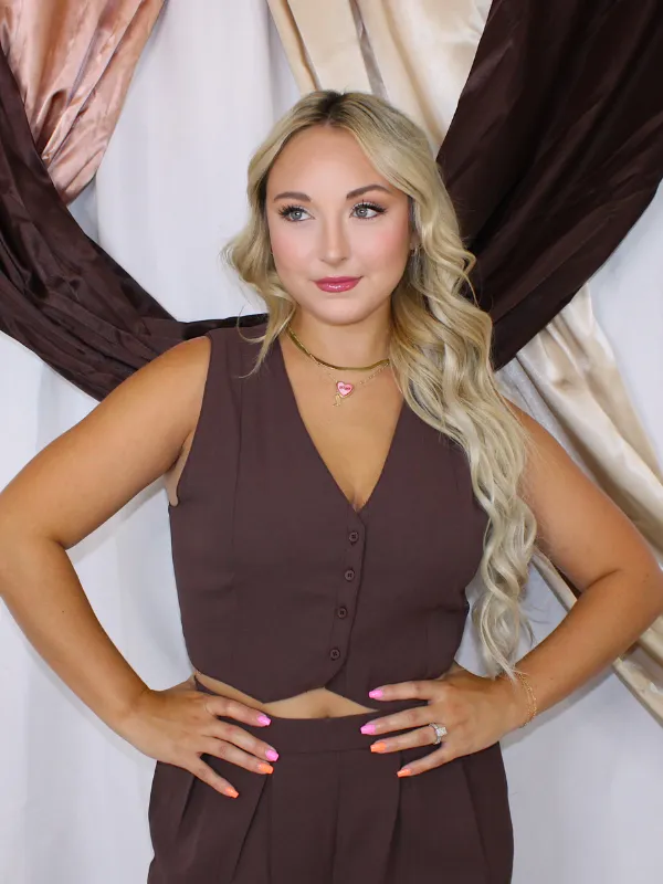 Going Out In Style Two Piece Vest and Pants Set, Brown