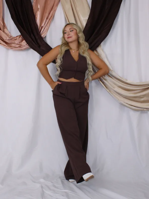 Going Out In Style Two Piece Vest and Pants Set, Brown