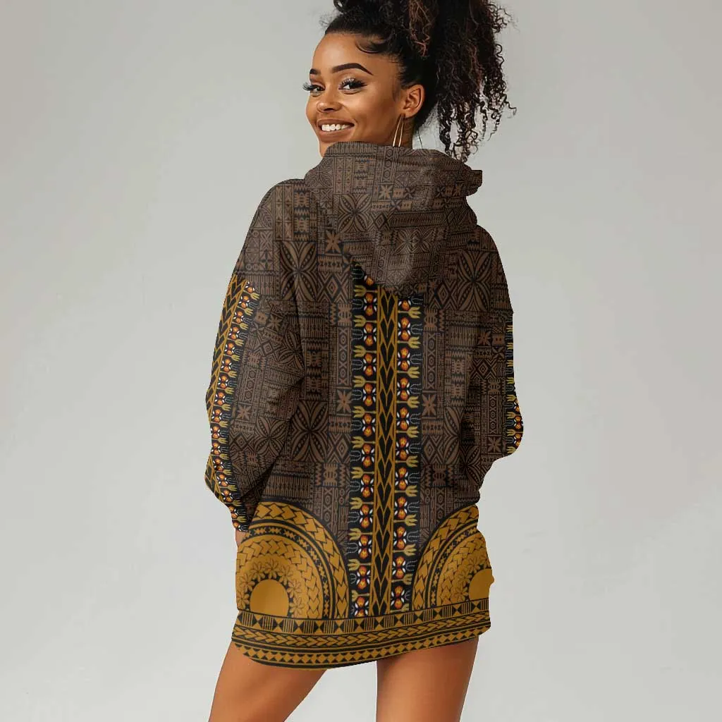 Gold Dashiki and Tapa Pattern Hoodie Dress Africa-Polynesia Together Culture LT9