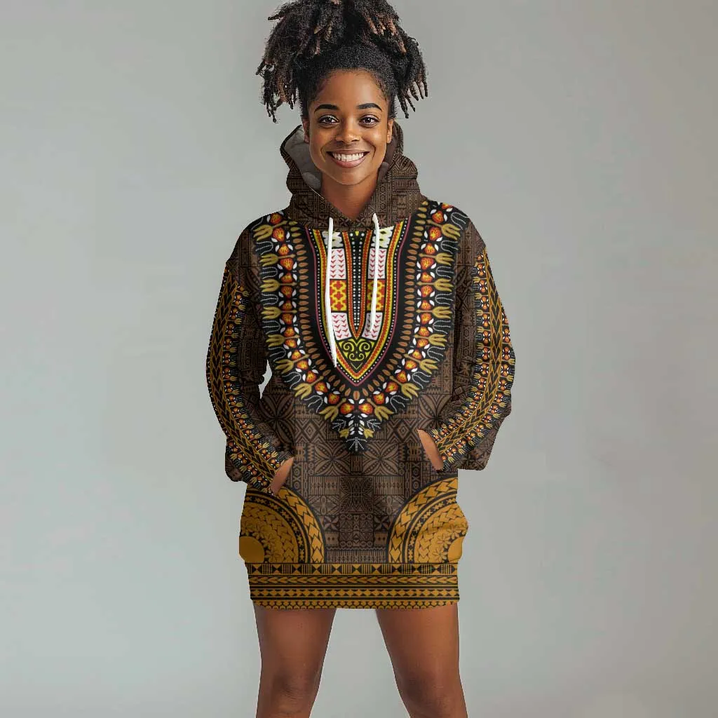 Gold Dashiki and Tapa Pattern Hoodie Dress Africa-Polynesia Together Culture LT9