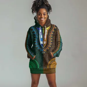 Green-gold Dashiki and Tapa Pattern Hoodie Dress Africa-Polynesia Together Culture LT9